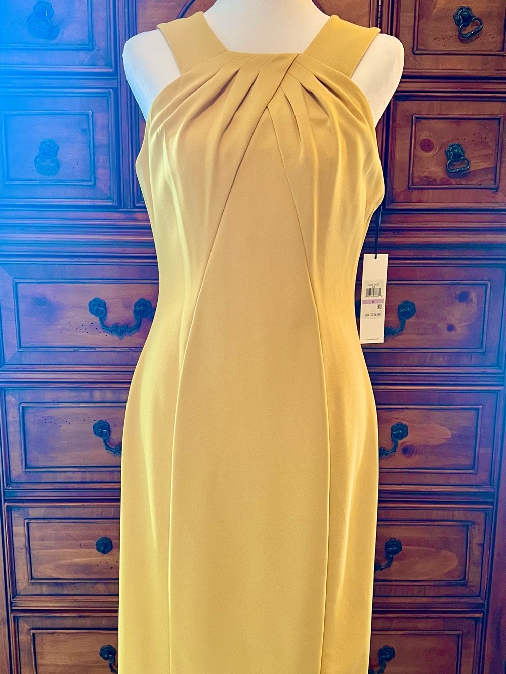 Calvin Klein Elegant Mustard Yellow Pleated Midi Sheath Dress, SZ 6